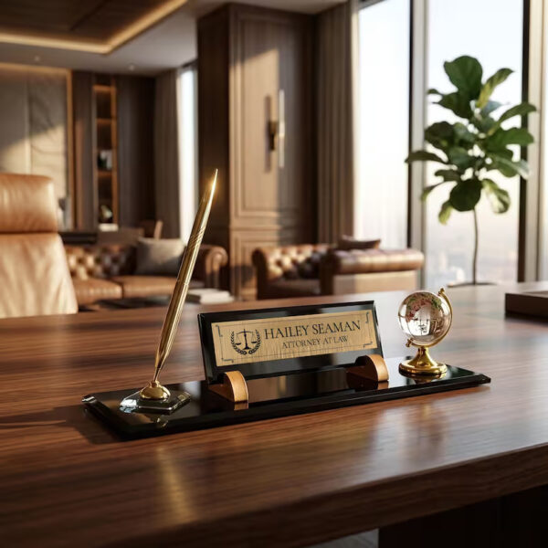 Personalized Black Crystal Name Plate, Gold Pen, Globe, Attorney Gift